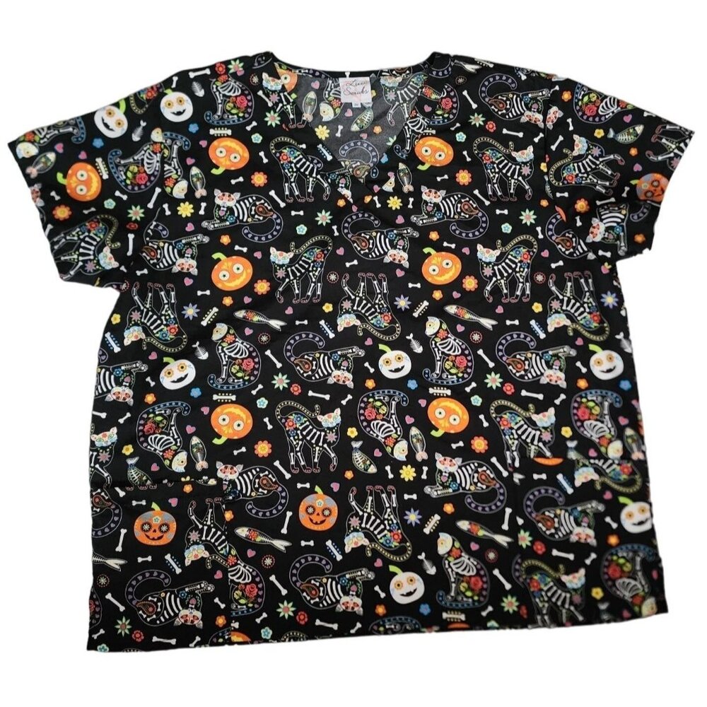 Luv Scrubs Women's Halloween Cartoon Print V-Neck Scrub Shirt Top Plus Size 2X - Picture 3 of 11